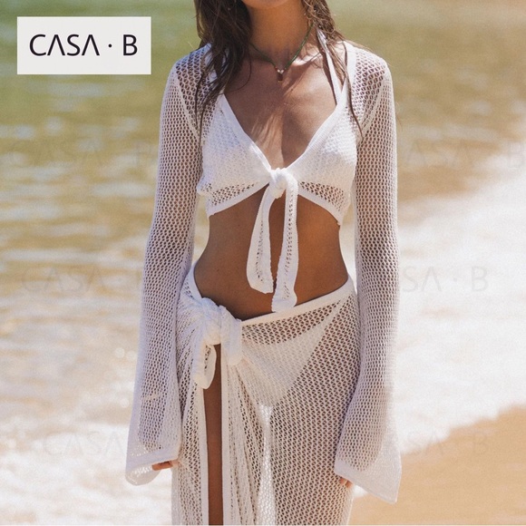 SOON to CASA B| Sinclair Netted Crochet Wrap Top & Maxi Sarong Set Ivory - Picture 12 of 16